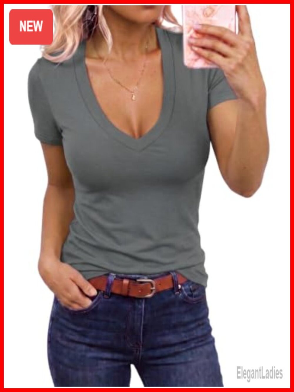 Womens V Neck Short Sleeve Slim Fit Casual Summer T Shirt